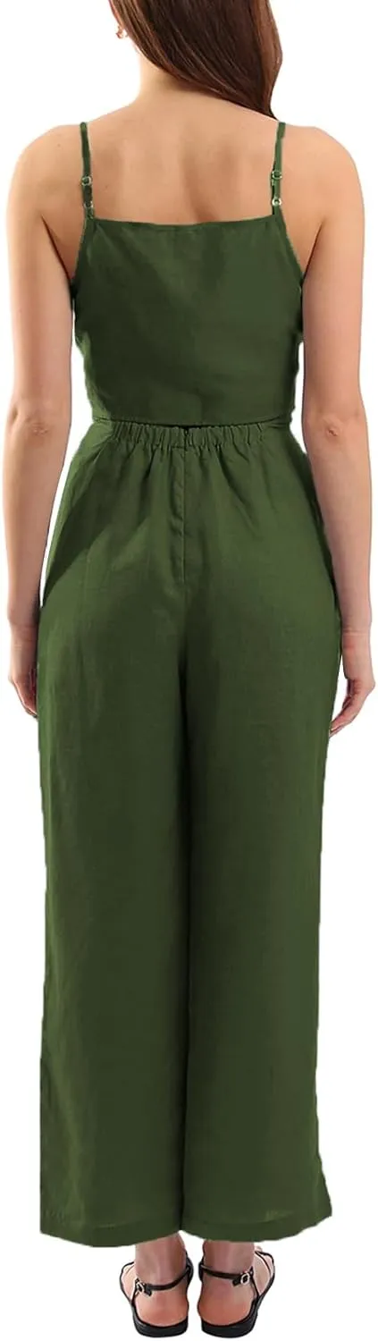 Amazhiyu Womens Pure Linen Casual Summer Sleeveless Front Tie Jumpsuits with Pockets