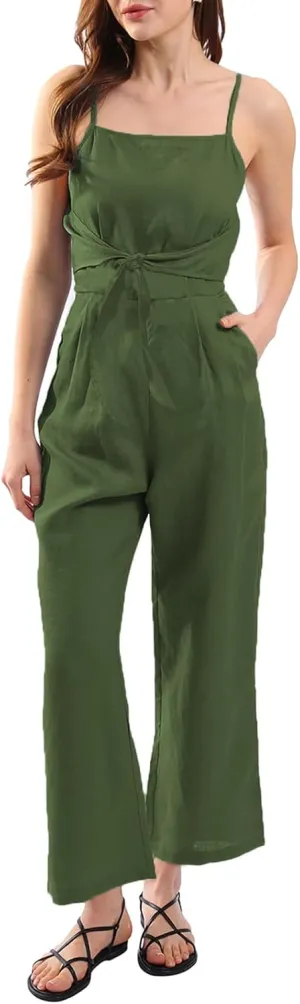 Amazhiyu Womens Pure Linen Casual Summer Sleeveless Front Tie Jumpsuits with Pockets