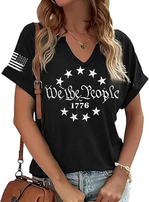 American Flag Shirts Women 4th of July V-Neck Short Sleeve Patriotic T-Shirt Color Block Short Sleeve Summer Tops
