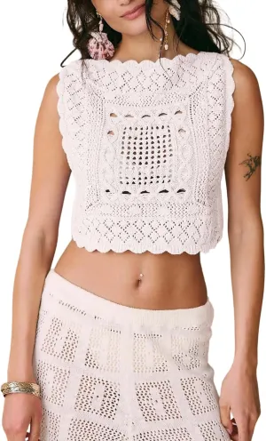 Amiblvowa Knit Vest Top Women Y2k Sexy Summer Slim Fit Crewneck Tank Sleeveless Going Out Knitted Cropped Crochet Sweater