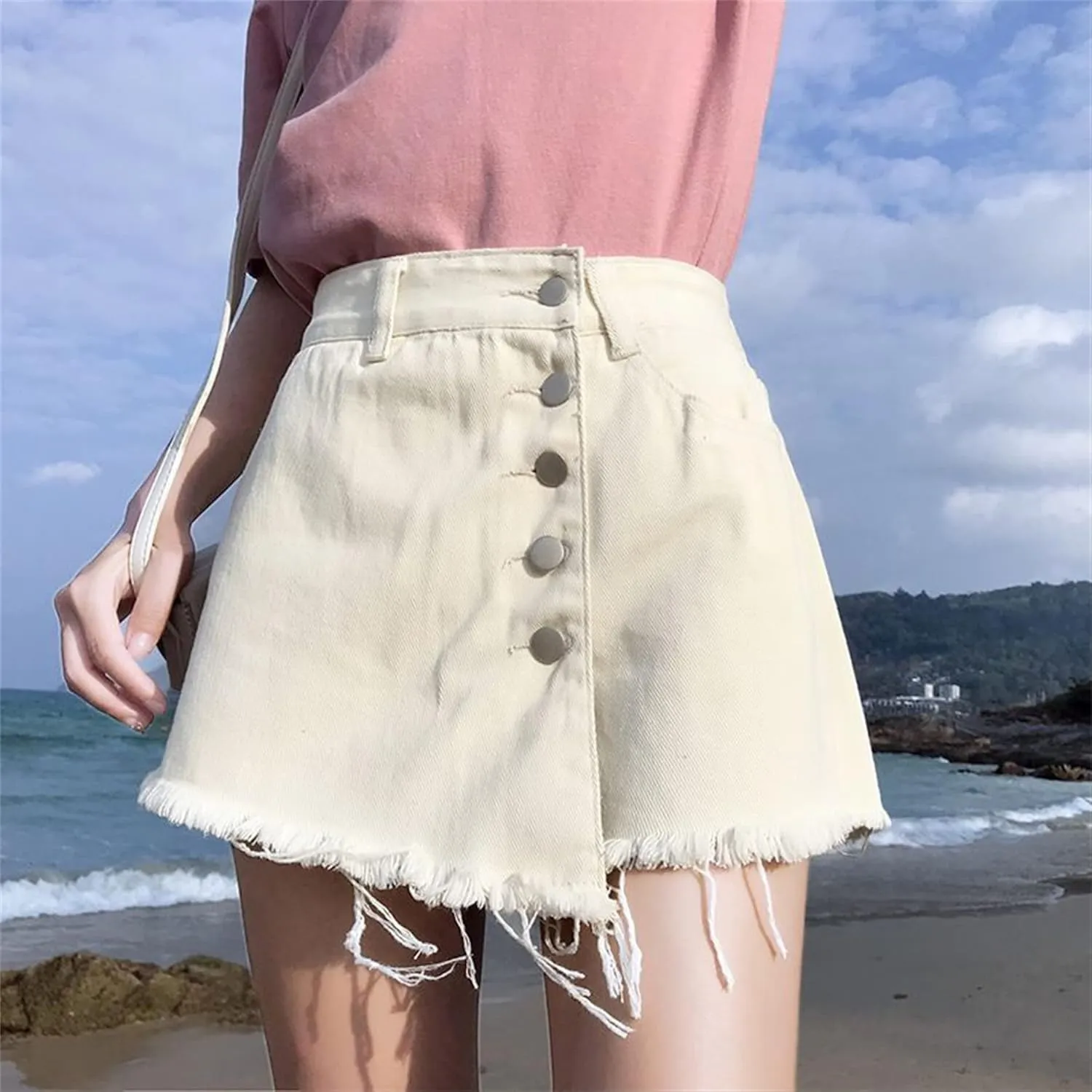 Andongnywell Women's Casual Button Down Denim Skirt High Waist Bodycon Pockets Short Skirt Button Front
