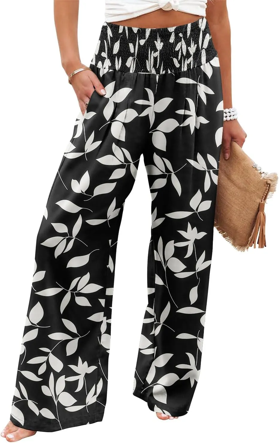Angerella Womens Elastic High Waisted Palazzo Pants Casual Wide Leg Long Lounge Pant Trousers with Pocket