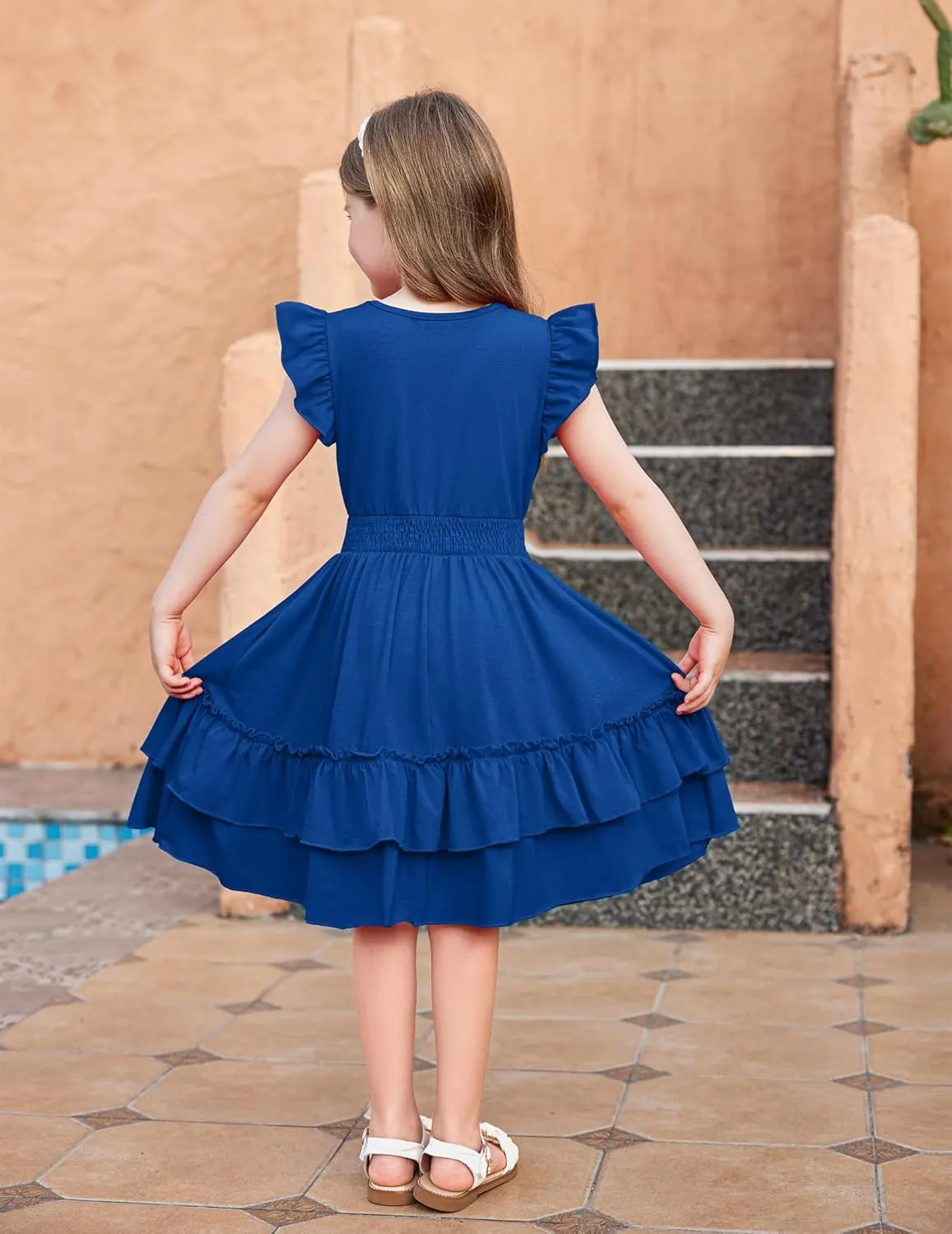 Arshiner Girls Dresses Flutter Sleeve A-Line Sundress Casual Summer Tiered Swing Midi Pocket Dress
