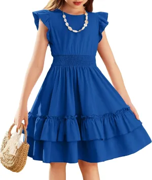 Arshiner Girls Dresses Flutter Sleeve A-Line Sundress Casual Summer Tiered Swing Midi Pocket Dress