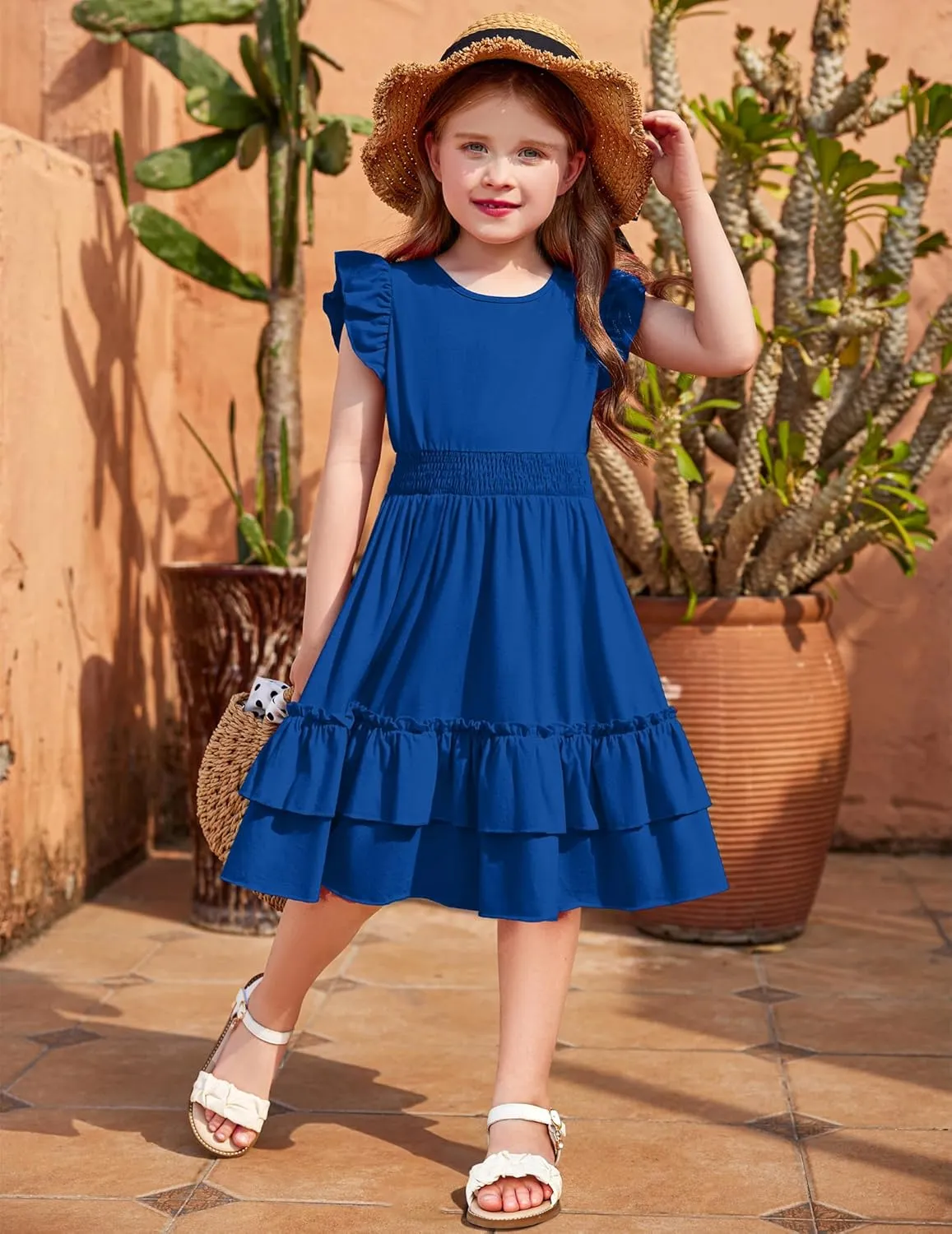 Arshiner Girls Dresses Flutter Sleeve A-Line Sundress Casual Summer Tiered Swing Midi Pocket Dress