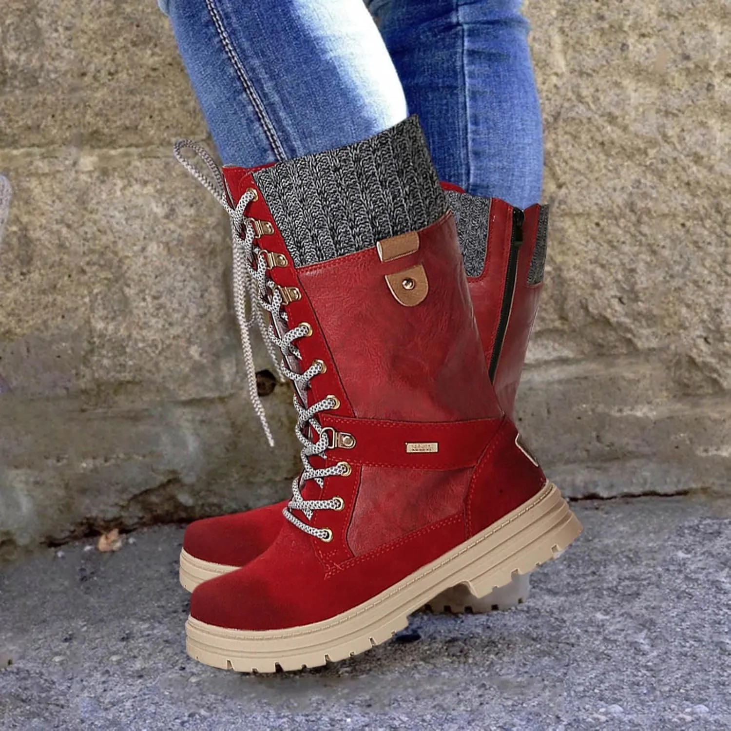 Autumn and Winter New Boots Fashion Style Lace Up Middle Sleeve Wool Mouth Thick Heel Women's Boots Boot Spats Men