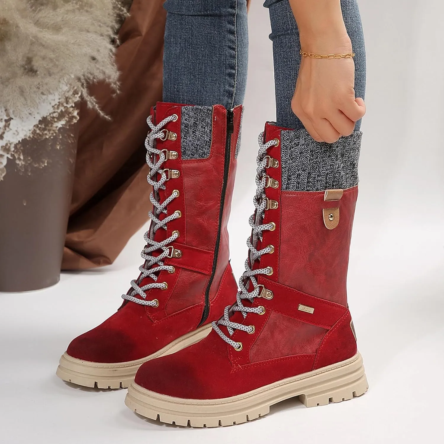 Autumn and Winter New Boots Fashion Style Lace Up Middle Sleeve Wool Mouth Thick Heel Women's Boots Boot Spats Men