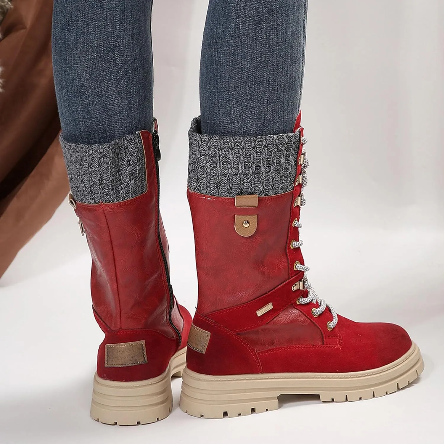 Autumn and Winter New Boots Fashion Style Lace Up Middle Sleeve Wool Mouth Thick Heel Women's Boots Boot Spats Men