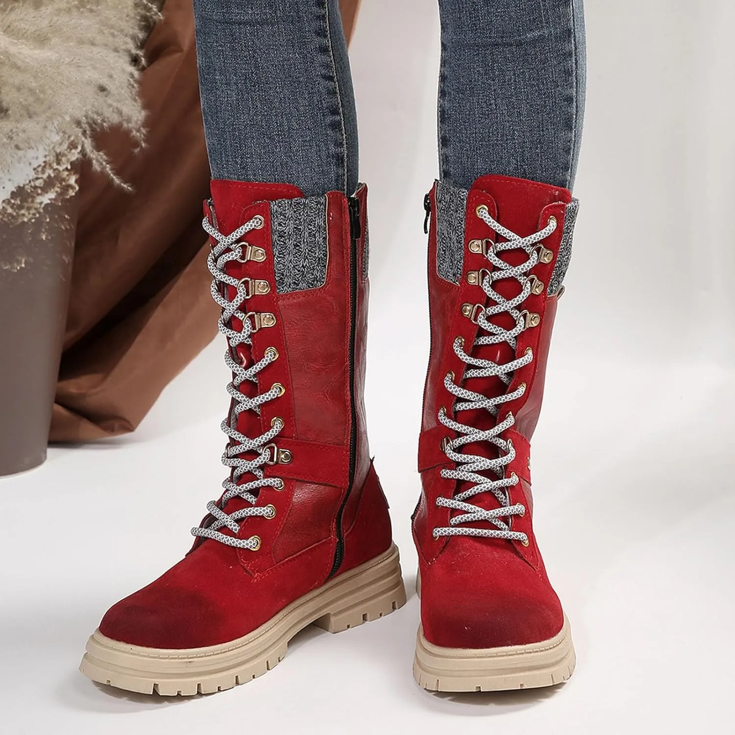 Autumn and Winter New Boots Fashion Style Lace Up Middle Sleeve Wool Mouth Thick Heel Women's Boots Boot Spats Men