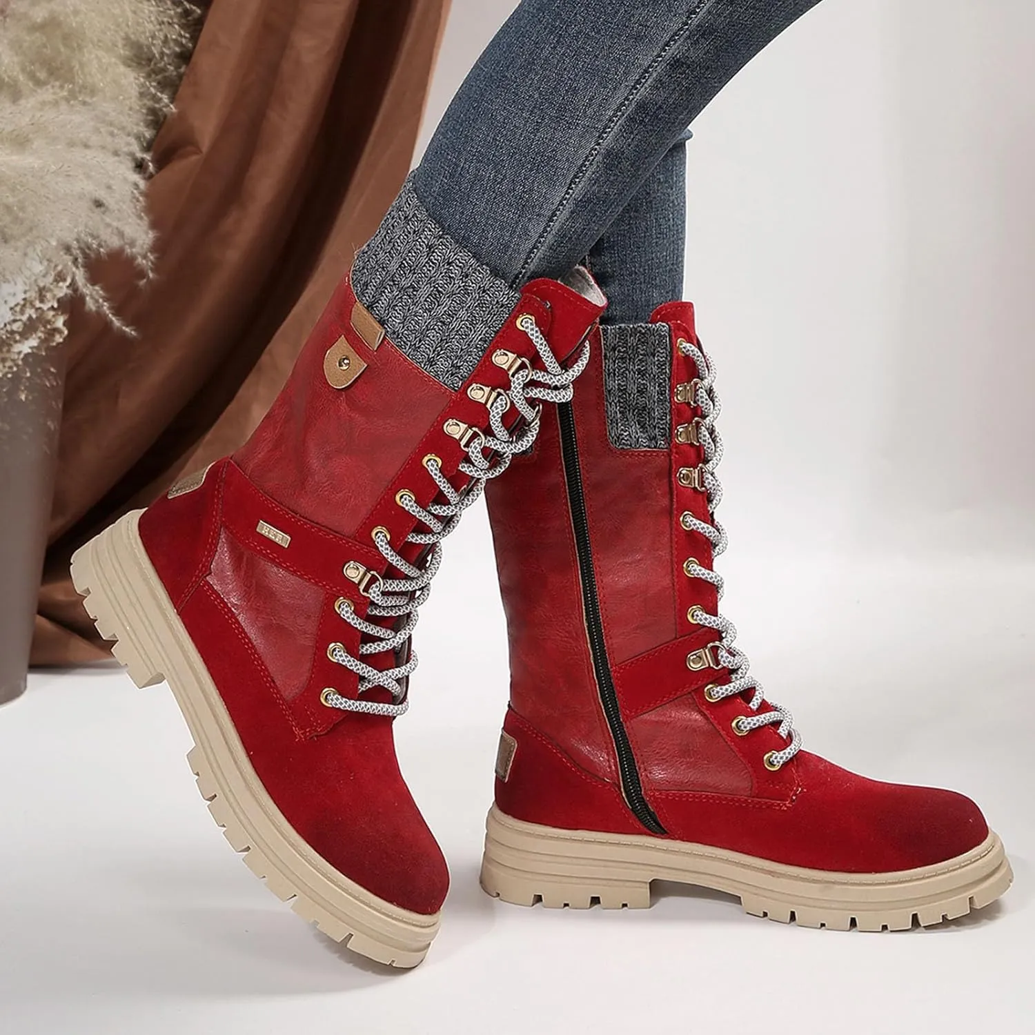 Autumn and Winter New Boots Fashion Style Lace Up Middle Sleeve Wool Mouth Thick Heel Women's Boots Boot Spats Men