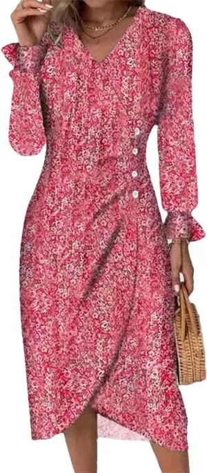 Autumn Floral Bodycon Midi Dress for Women V Neck Long Sleeve Ruched Slim Fit Dresses Sexy Dresses