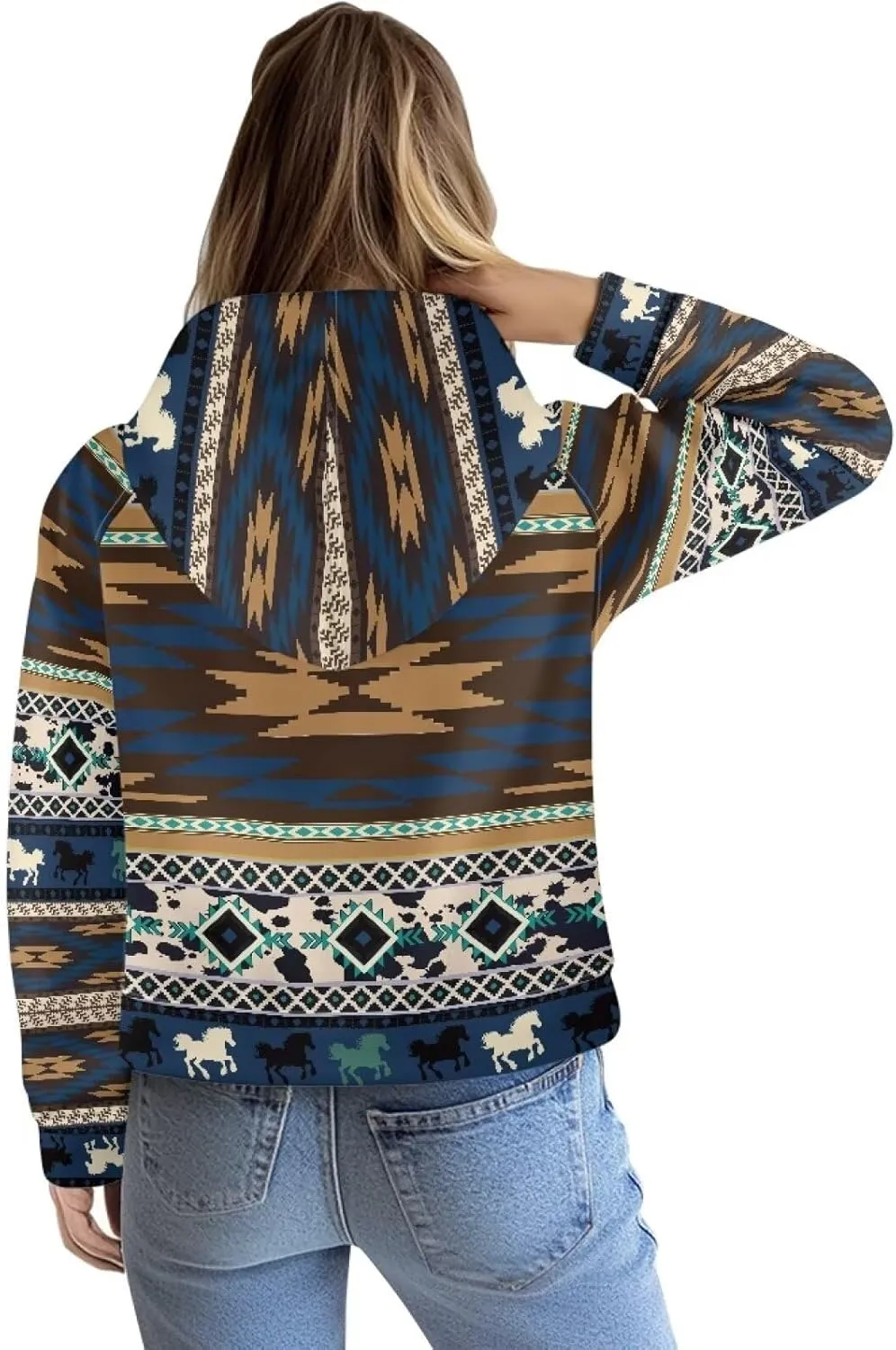 Aztec Cowboy Hoodie Vintage Graphic Western Hoodies for Women Casual Long Sleeve Half Zip Pullover with Pocket