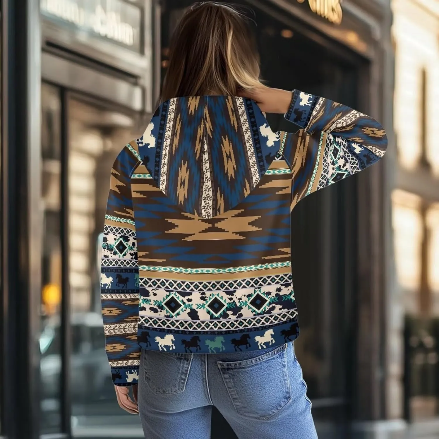 Aztec Cowboy Hoodie Vintage Graphic Western Hoodies for Women Casual Long Sleeve Half Zip Pullover with Pocket
