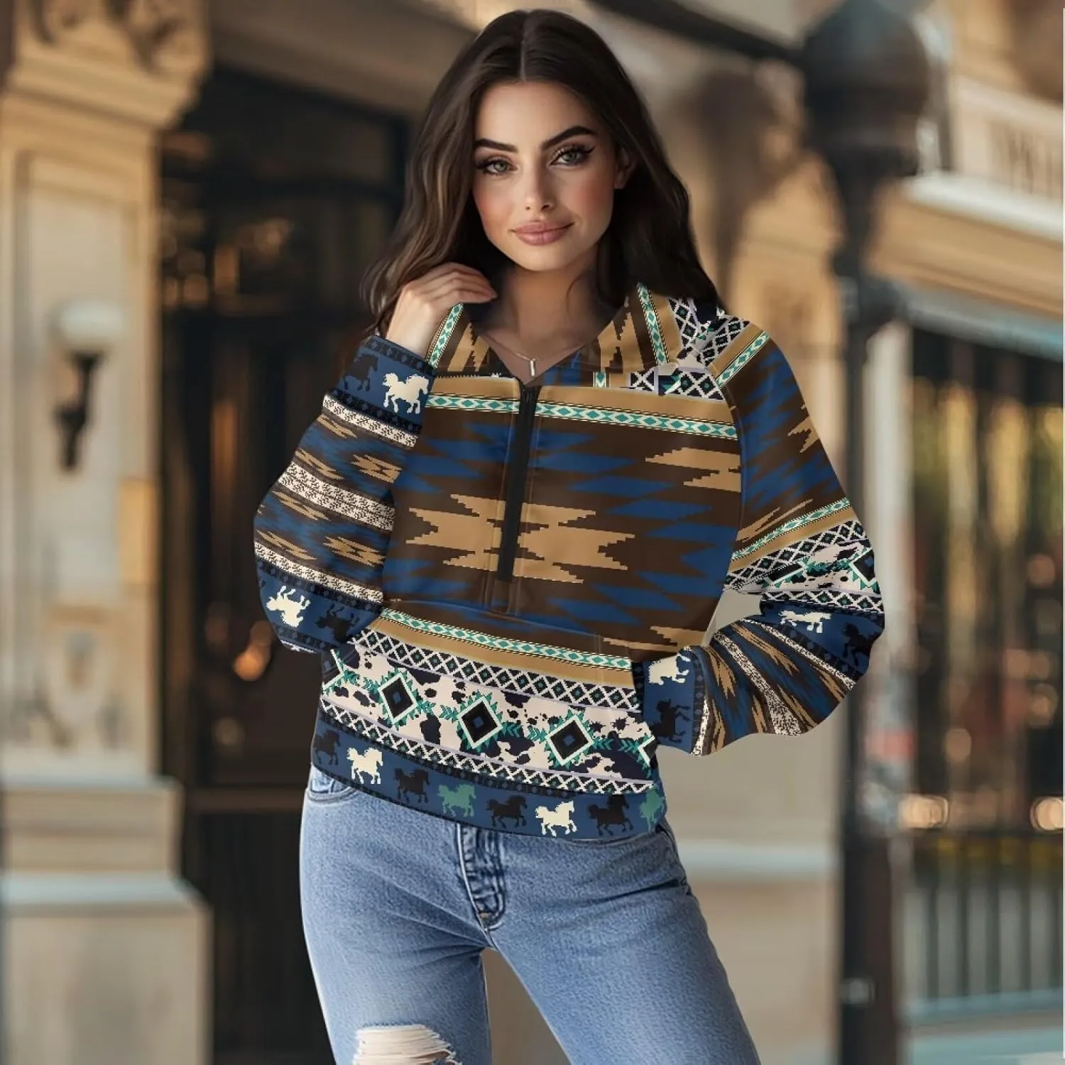 Aztec Cowboy Hoodie Vintage Graphic Western Hoodies for Women Casual Long Sleeve Half Zip Pullover with Pocket