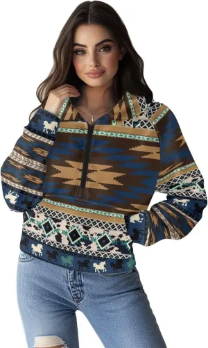Aztec Cowboy Hoodie Vintage Graphic Western Hoodies for Women Casual Long Sleeve Half Zip Pullover with Pocket