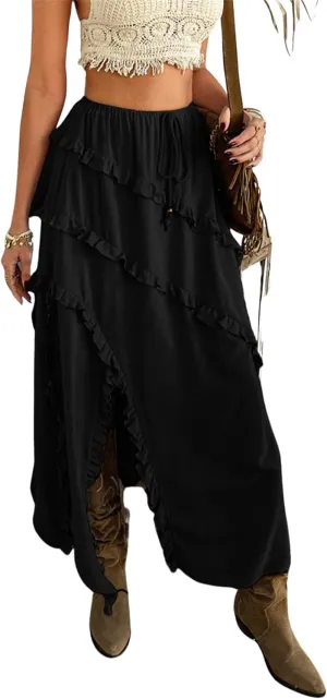 BAIMORE Women's Vacation Drawstring Elastic Waist Ruffles Tiered Slit Hem Maxi Flowy Skirt