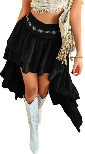 BAIMORE Women's Vacation Elastic Waist Layered Ruffles Asymmetrical High Low Hem Midi Flowy Skirt