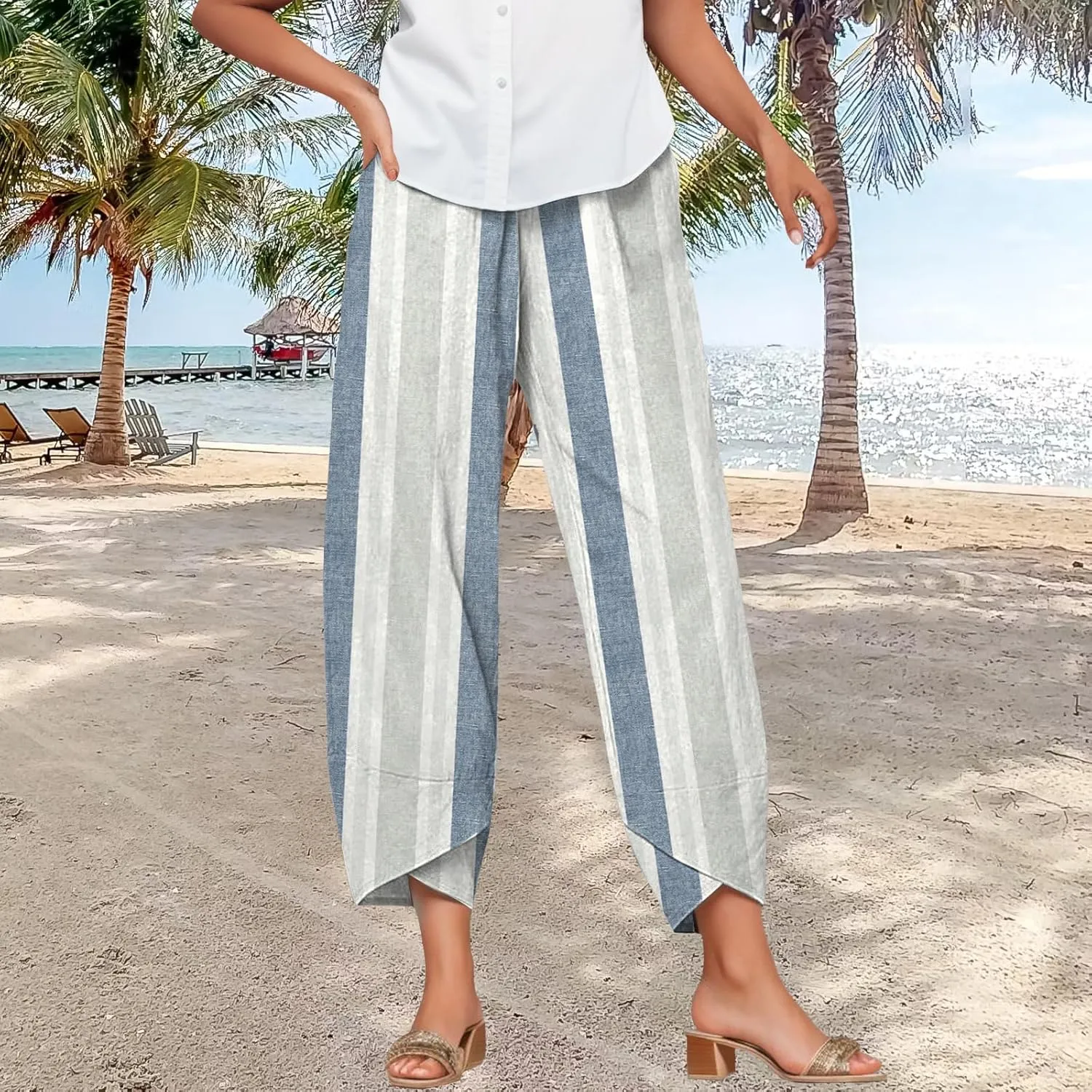 Bengbobar Linen Capris for Women Wide Leg Sweatpants Casual Petite Stripe Pants Baggy Palazzo Cropped Summer Beach Trousers