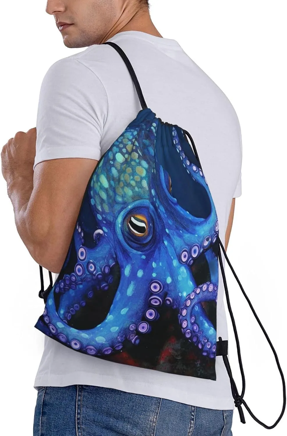 Blue Octopus Drawstring Backpack for Men Women Sports Sackpack Waterproof Gym Sack Draw String Cinch Bags Small