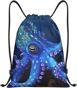 Blue Octopus Drawstring Backpack for Men Women Sports Sackpack Waterproof Gym Sack Draw String Cinch Bags Small