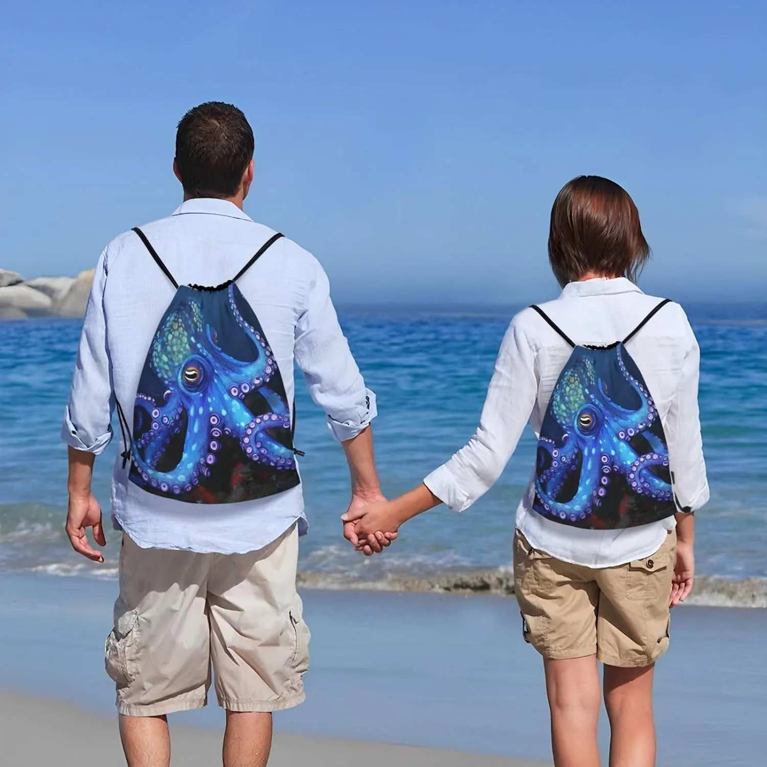 Blue Octopus Drawstring Backpack for Men Women Sports Sackpack Waterproof Gym Sack Draw String Cinch Bags Small