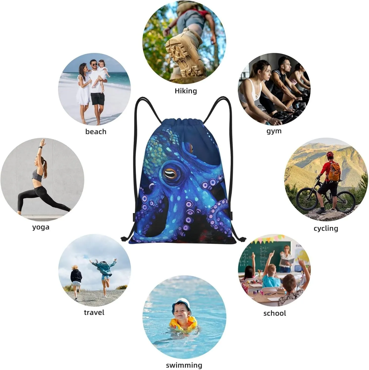 Blue Octopus Drawstring Backpack for Men Women Sports Sackpack Waterproof Gym Sack Draw String Cinch Bags Small
