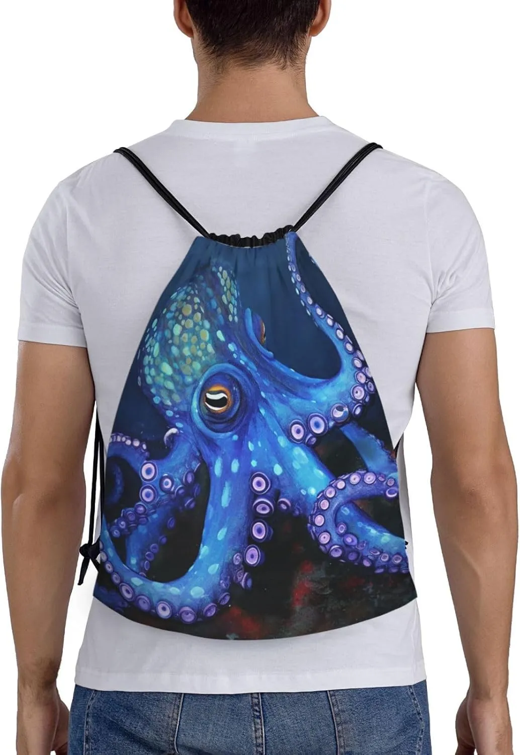 Blue Octopus Drawstring Backpack for Men Women Sports Sackpack Waterproof Gym Sack Draw String Cinch Bags Small