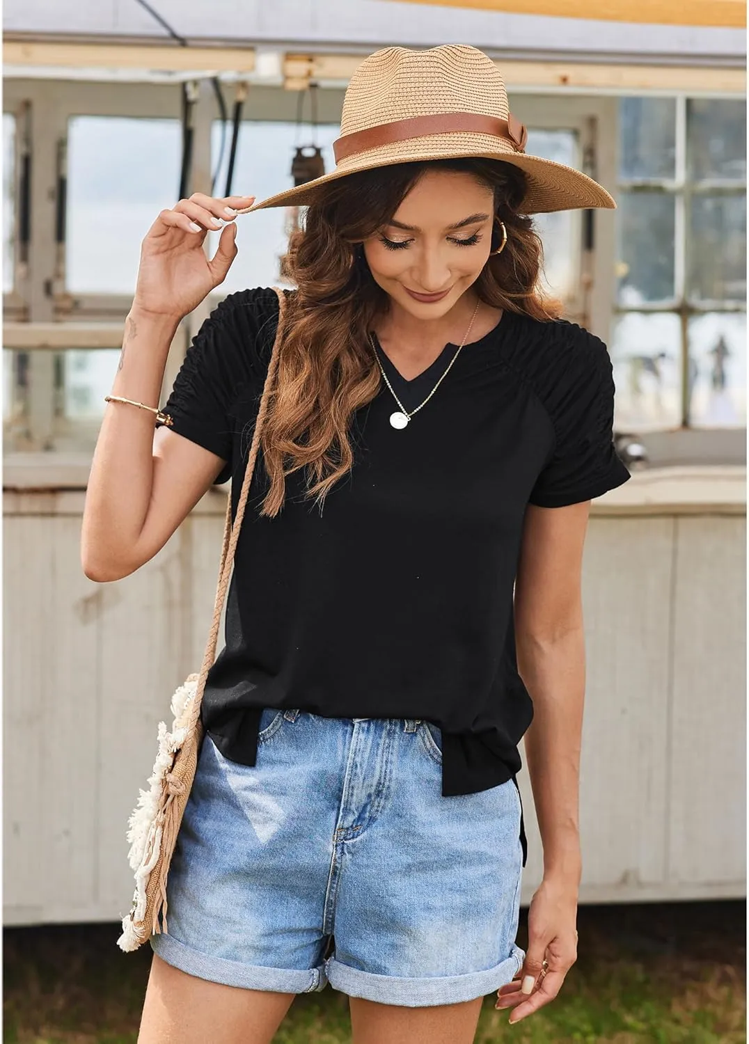Bluetime Womens Summer T Shirts Casual V Neck Short Sleeve Tops Loose Fit Pleated Sleeve Blouse