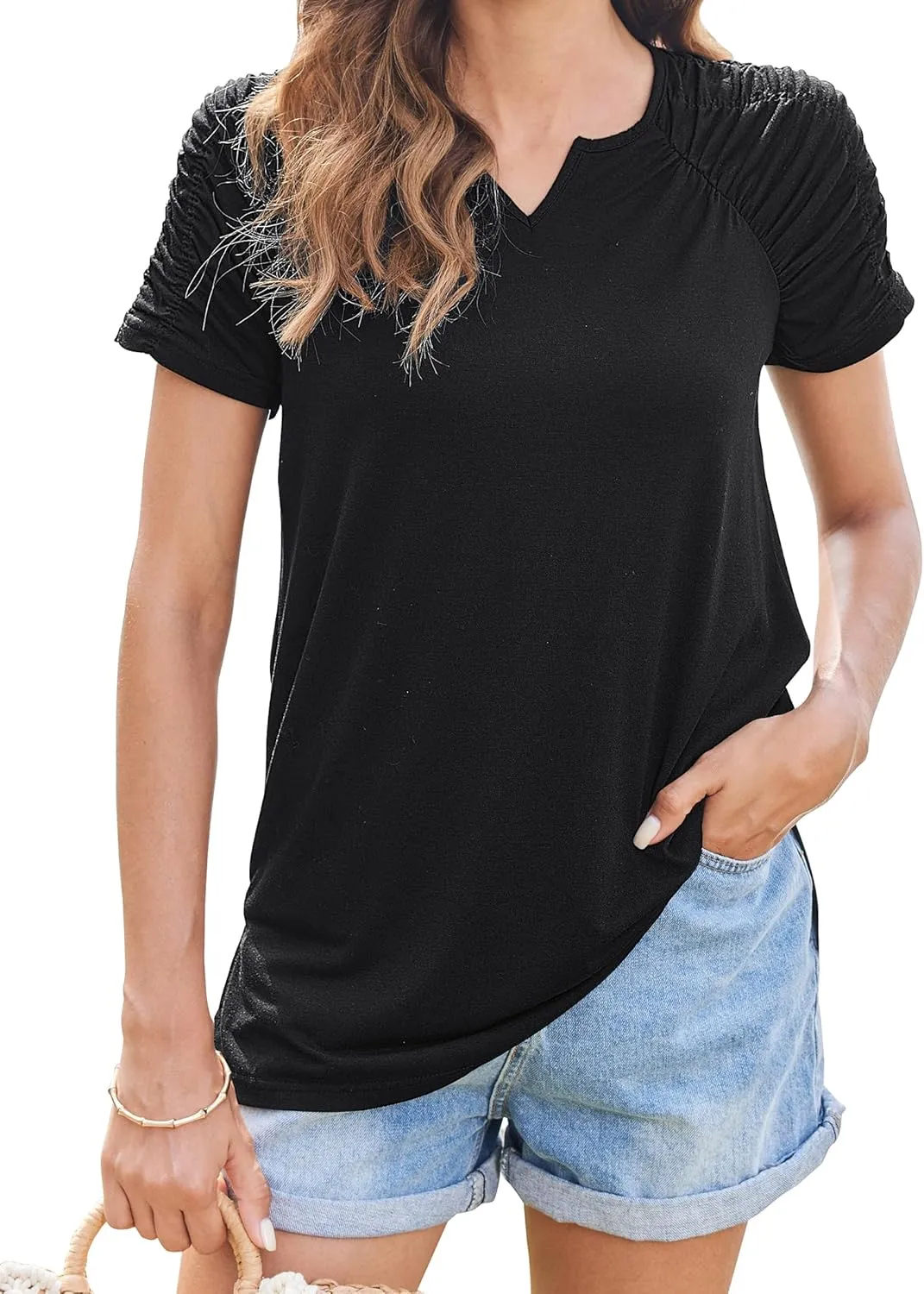 Bluetime Womens Summer T Shirts Casual V Neck Short Sleeve Tops Loose Fit Pleated Sleeve Blouse