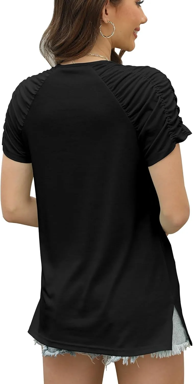 Bluetime Womens Summer T Shirts Casual V Neck Short Sleeve Tops Loose Fit Pleated Sleeve Blouse