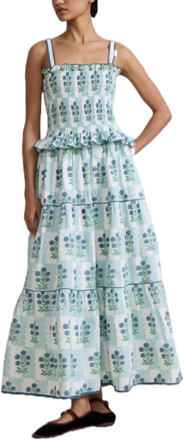 Bohemian Smocked Maxi Dresses for Women Summer Spaghetti Strap Floral Print Sundress Ruffle Color Block Tiered Dress