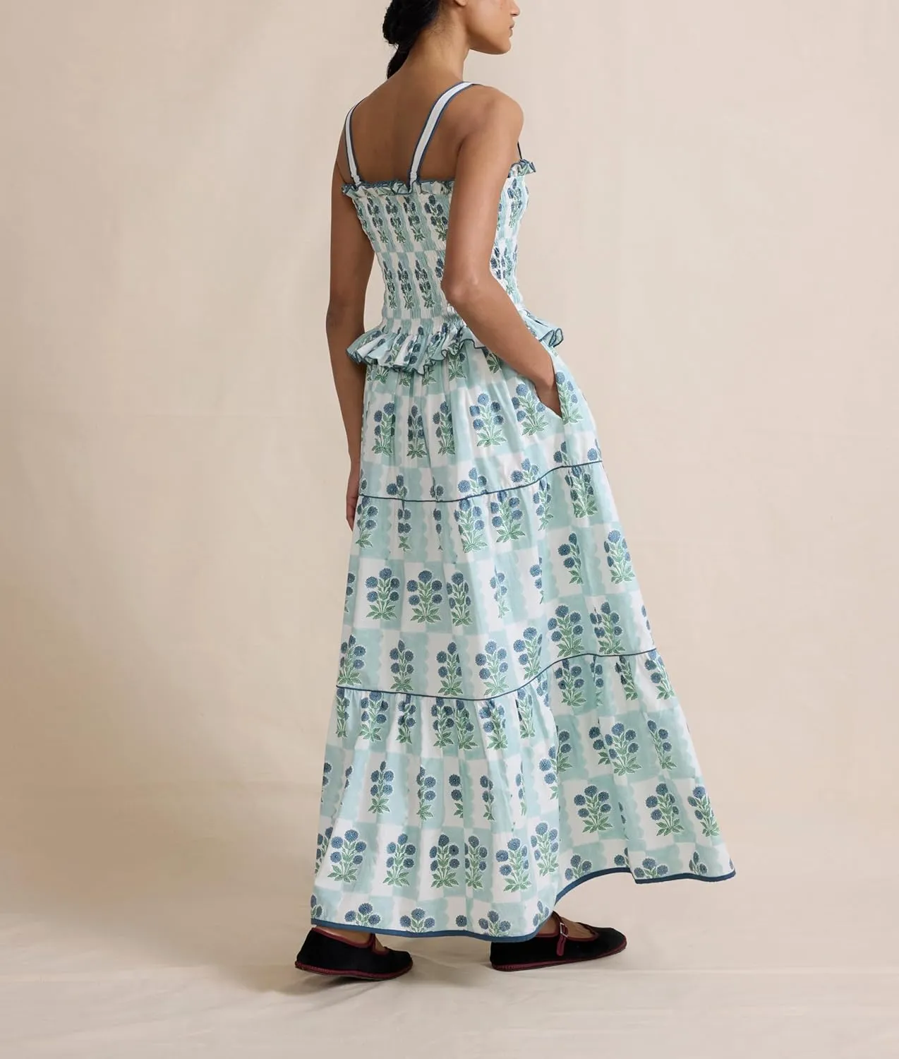 Bohemian Smocked Maxi Dresses for Women Summer Spaghetti Strap Floral Print Sundress Ruffle Color Block Tiered Dress