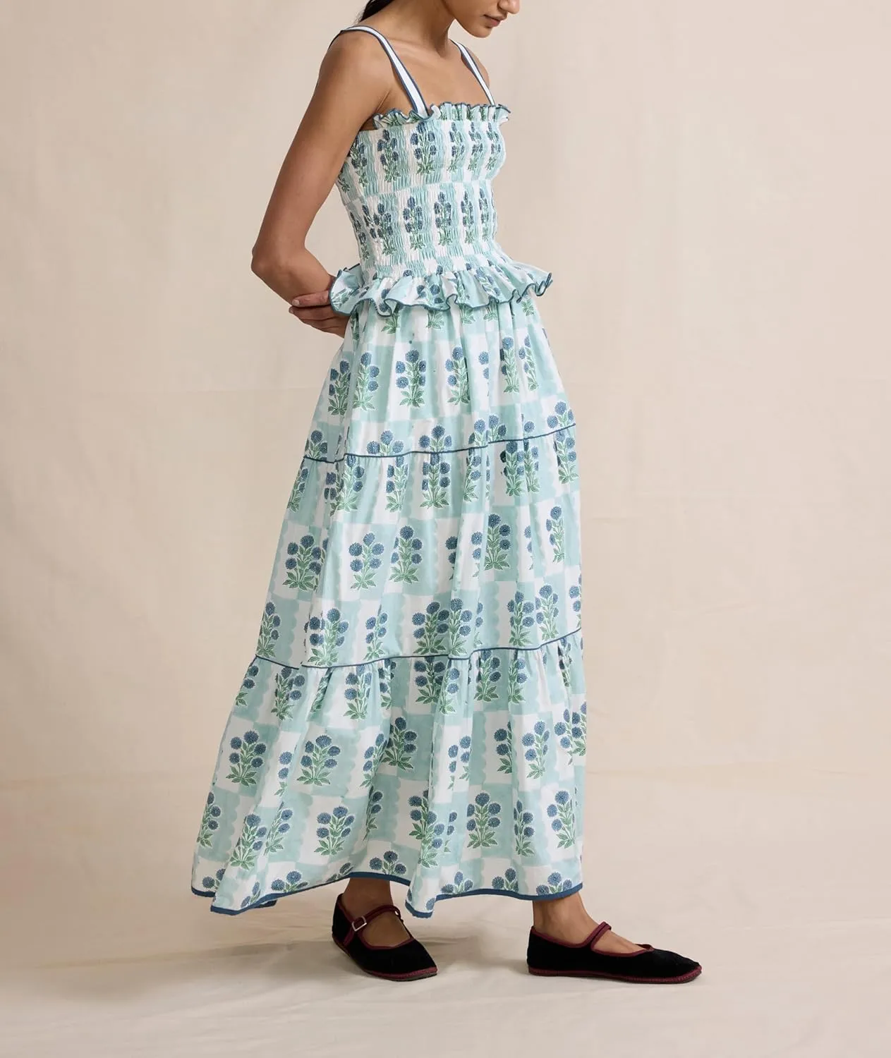 Bohemian Smocked Maxi Dresses for Women Summer Spaghetti Strap Floral Print Sundress Ruffle Color Block Tiered Dress