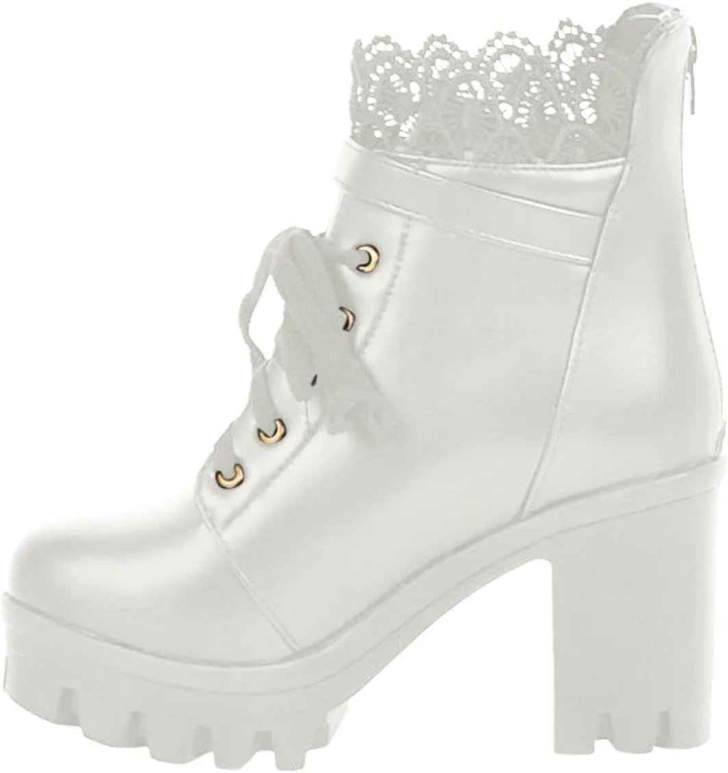 Boots for Women Lug Sole Combat Ankle Bootie Lace up Low Chunky Block Boots Fashion Causal Shoes Wide Calf Comfortable