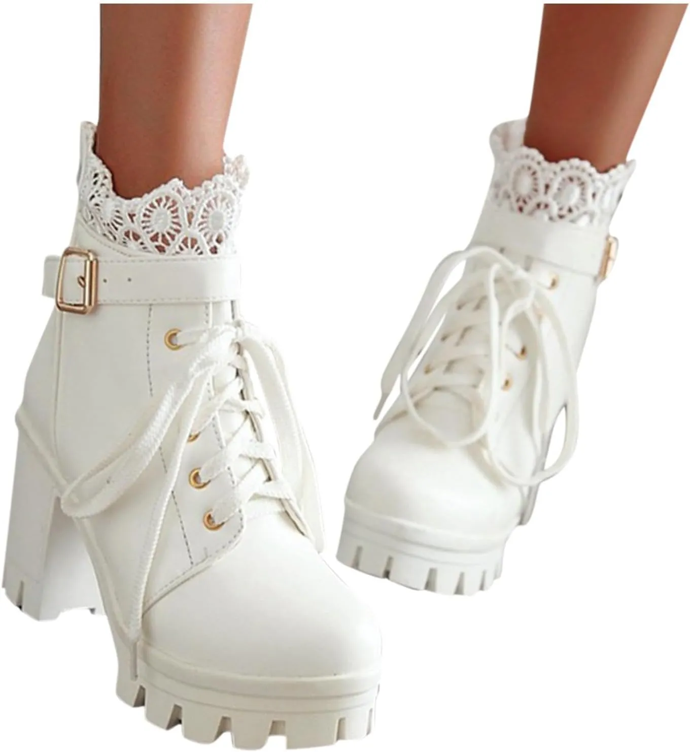 Boots for Women Lug Sole Combat Ankle Bootie Lace up Low Chunky Block Boots Fashion Causal Shoes Wide Calf Comfortable