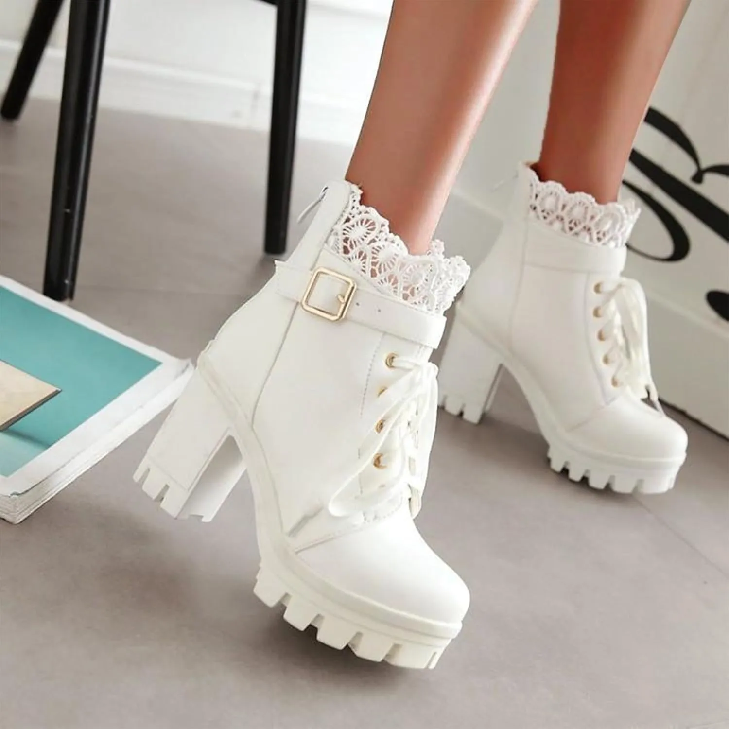 Boots for Women Lug Sole Combat Ankle Bootie Lace up Low Chunky Block Boots Fashion Causal Shoes Wide Calf Comfortable