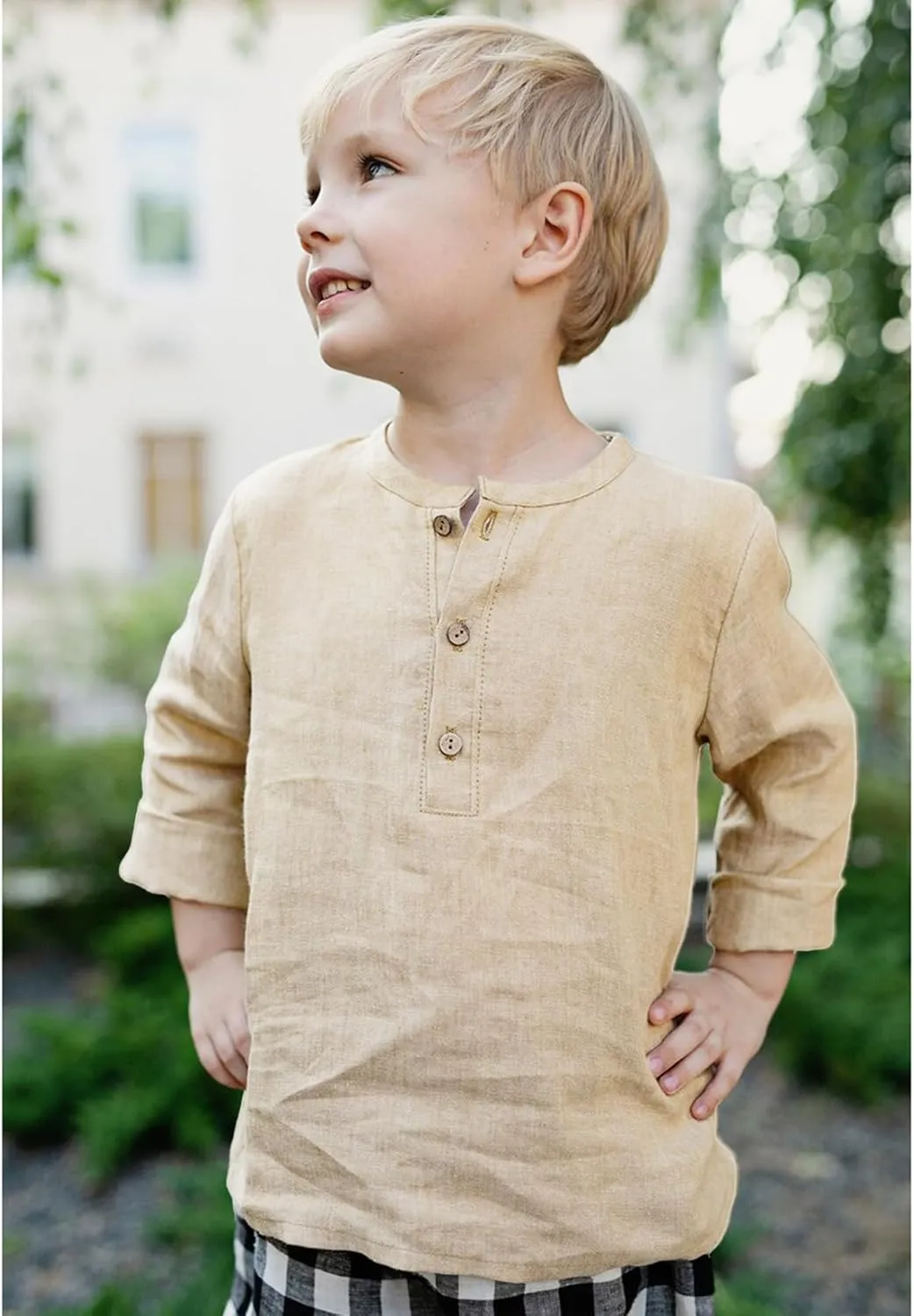 Boys Linen Henley Shirt for Kids Button Down Long Sleeve Dress Shirts Summer Beach Casual T Shirt