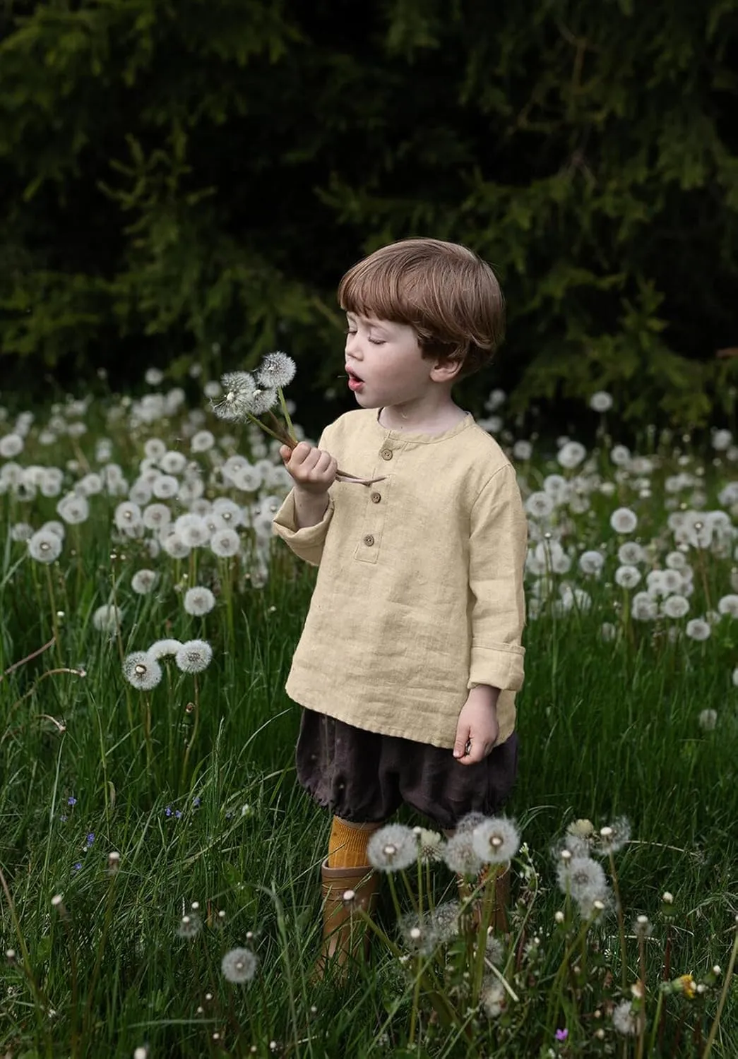 Boys Linen Henley Shirt for Kids Button Down Long Sleeve Dress Shirts Summer Beach Casual T Shirt