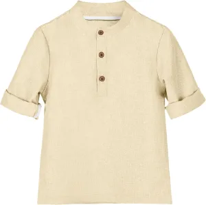 Boys Linen Henley Shirt for Kids Button Down Long Sleeve Dress Shirts Summer Beach Casual T Shirt