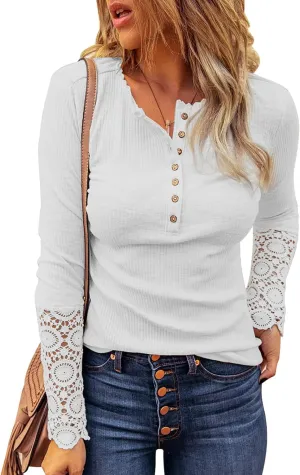 BTFBM Women Long Sleeve Shirts Solid Button V Neck Lace Sleeves Slim Fit Casual Fall Shirts 2025