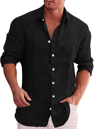 Button Down Linen Shirts for Men Casual Long Sleeve Regular Fit Cotton Beach Tops with Pocket Summer Vacation Shirt