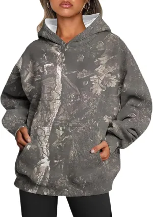 Camo Hoodie for Women Camouflage Graphic Oversized Hooded Sweatshirt with Pocket Womens Cute Y2K Maple Leaf Print Pullover Shirts Black Grey S-3XL
