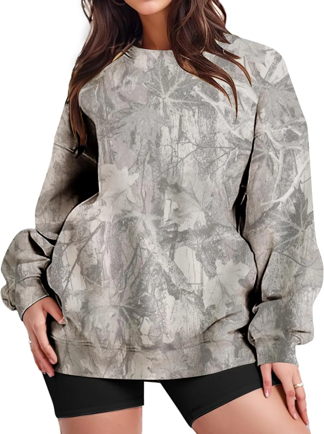 Camo Sweatshirt for Women Mens Oversized Fleece Camouflage Maple Leaf Crewnecks Pullover Tops Hunting Hoodies