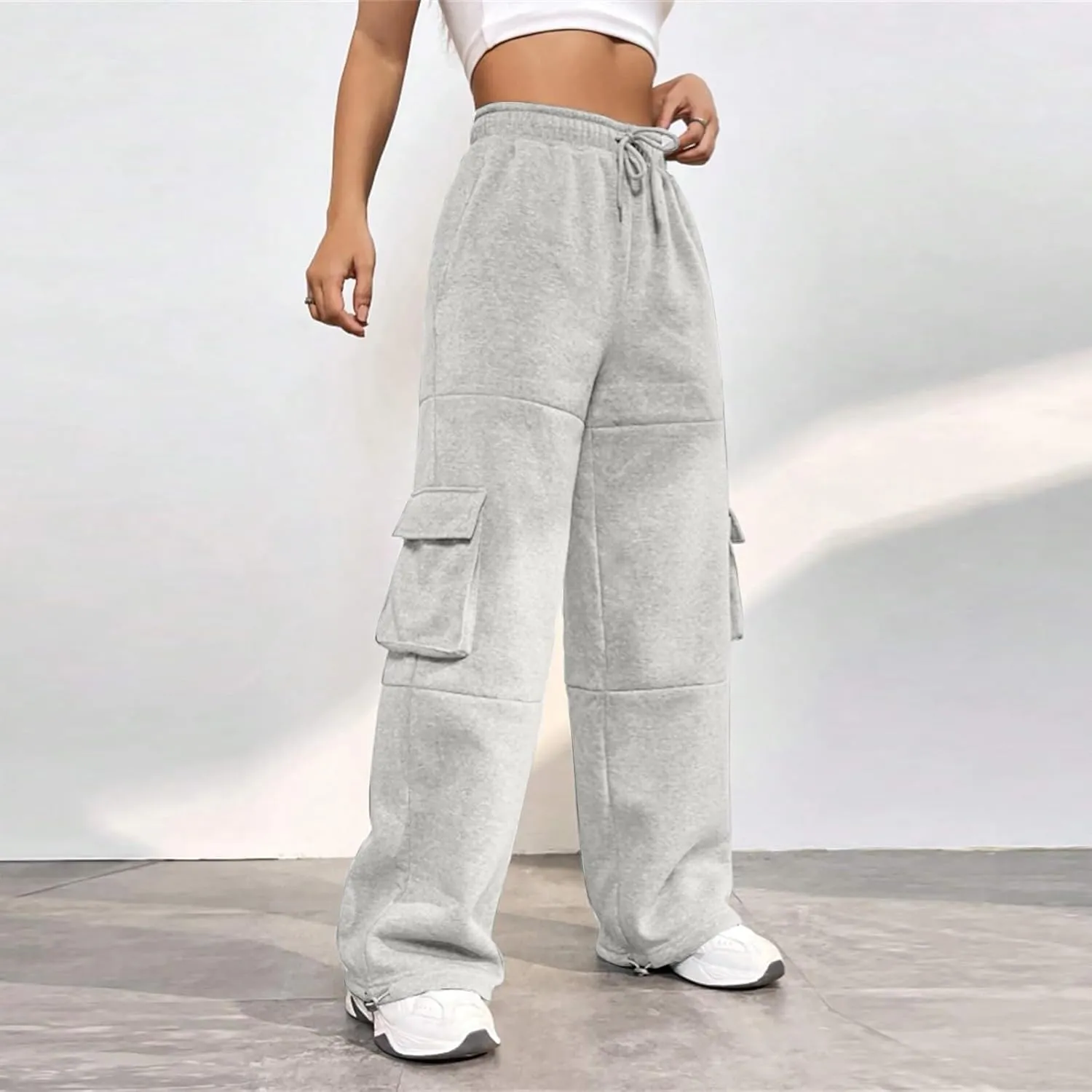 Cargo Sweatpants for Women Fleece Lined Cute Y2k Baggy Sweatpants Casual Drawstring High Waisted Joggers with Pockets