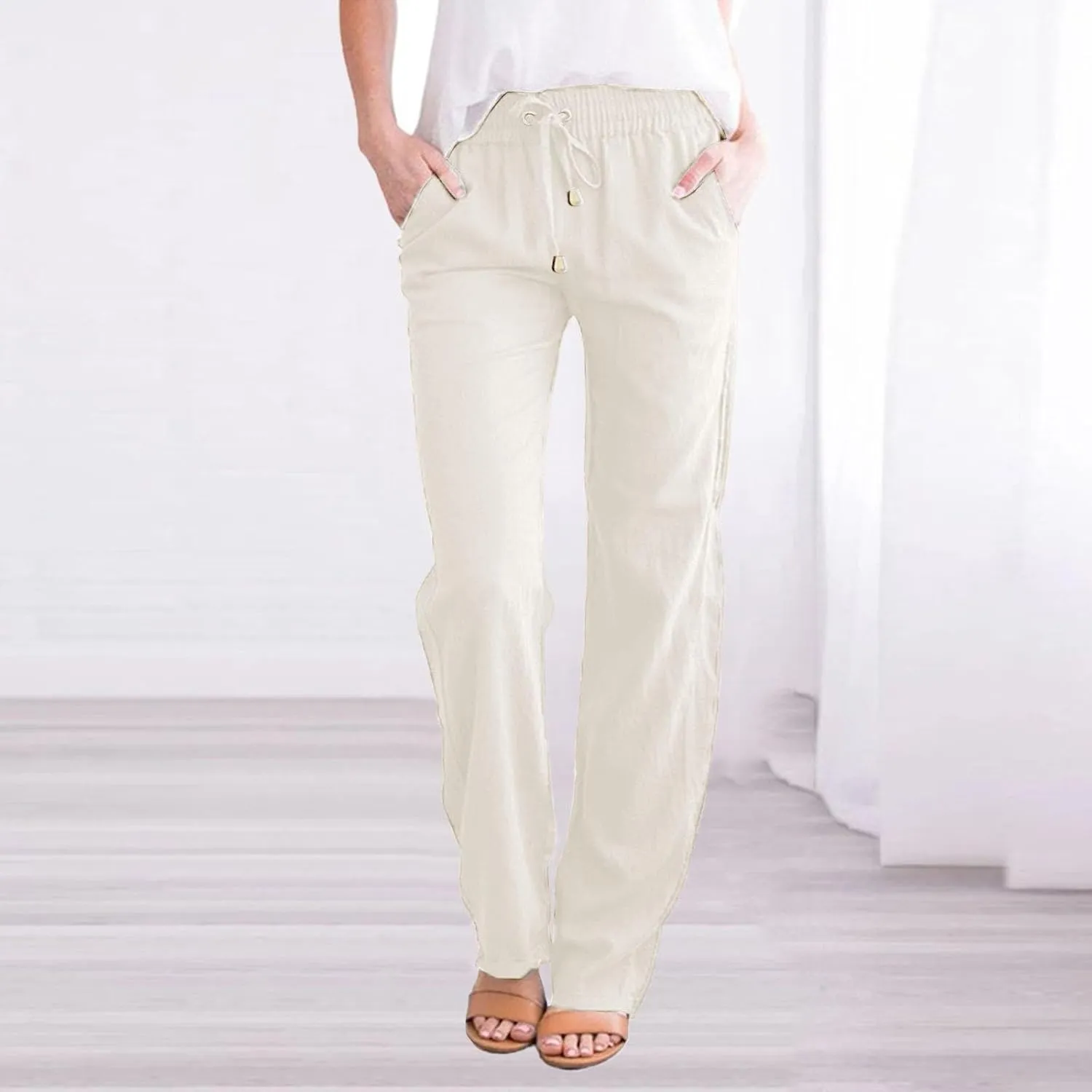 Casual Cotton Linen Pants Women High Waist Drawstring 2025 Summer Loose Lightweight Solid Lounge Long Trousers