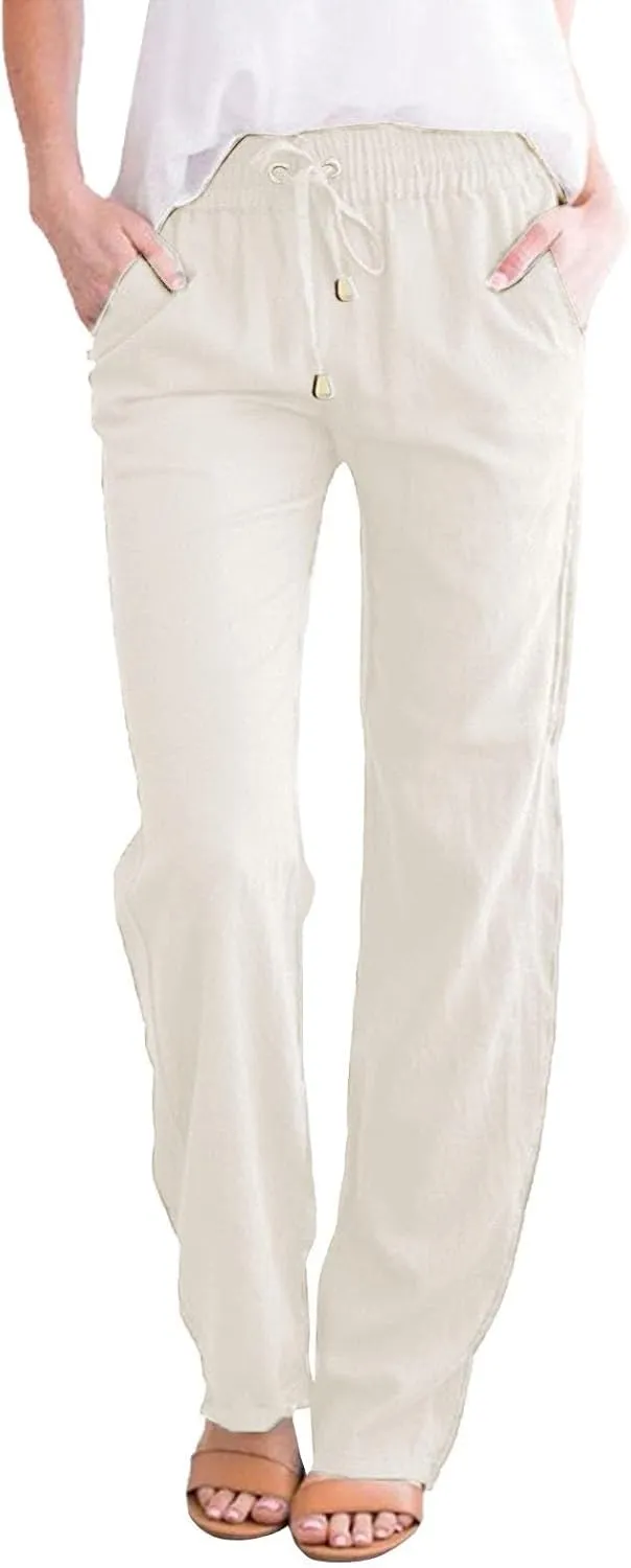 Casual Cotton Linen Pants Women High Waist Drawstring 2025 Summer Loose Lightweight Solid Lounge Long Trousers