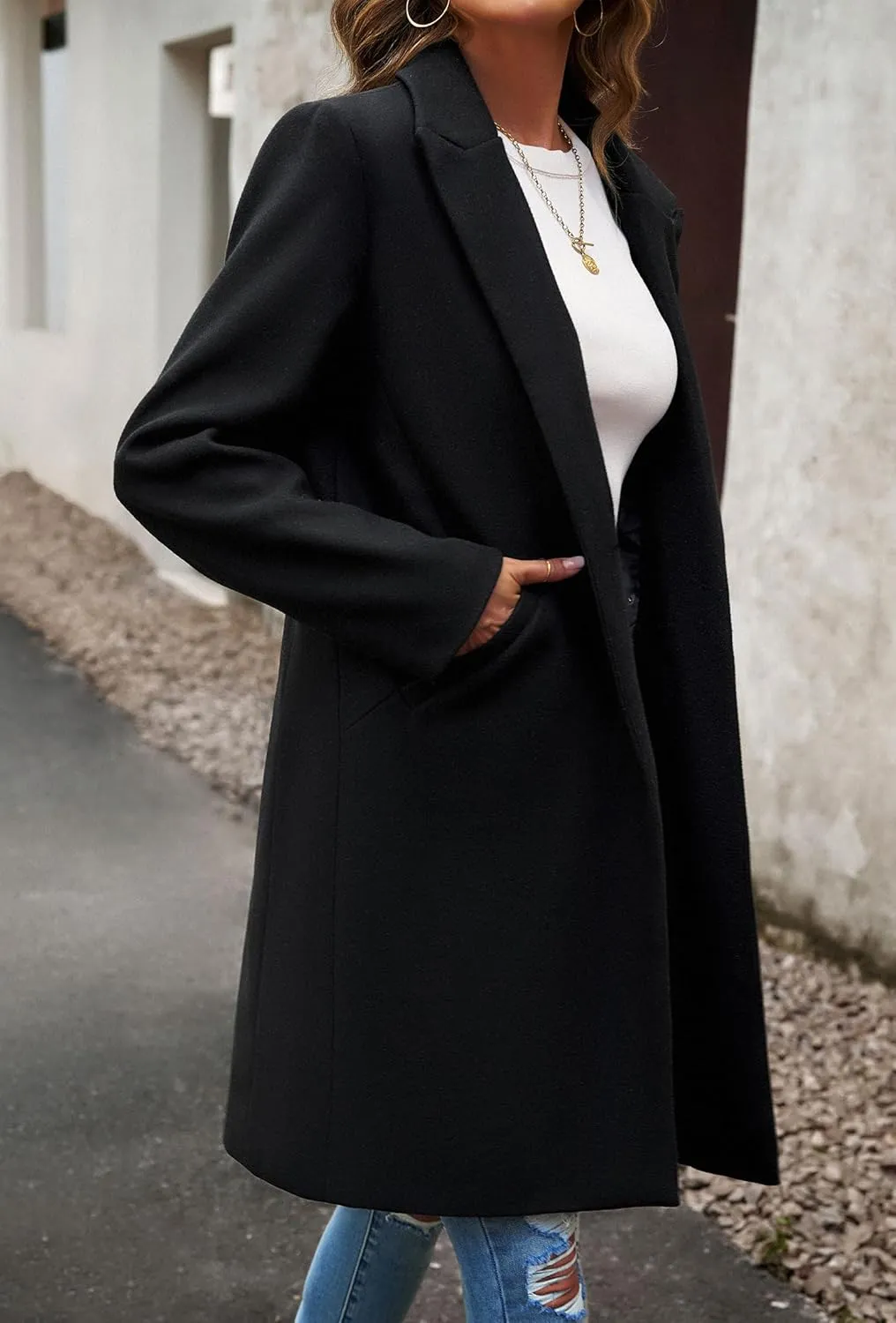 chouyatou Women's Fall Notch Lapel Blazer Wool Coat Office Work Wear Warm Winter Pea Coat