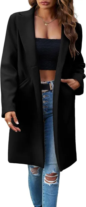 chouyatou Women's Fall Notch Lapel Blazer Wool Coat Office Work Wear Warm Winter Pea Coat