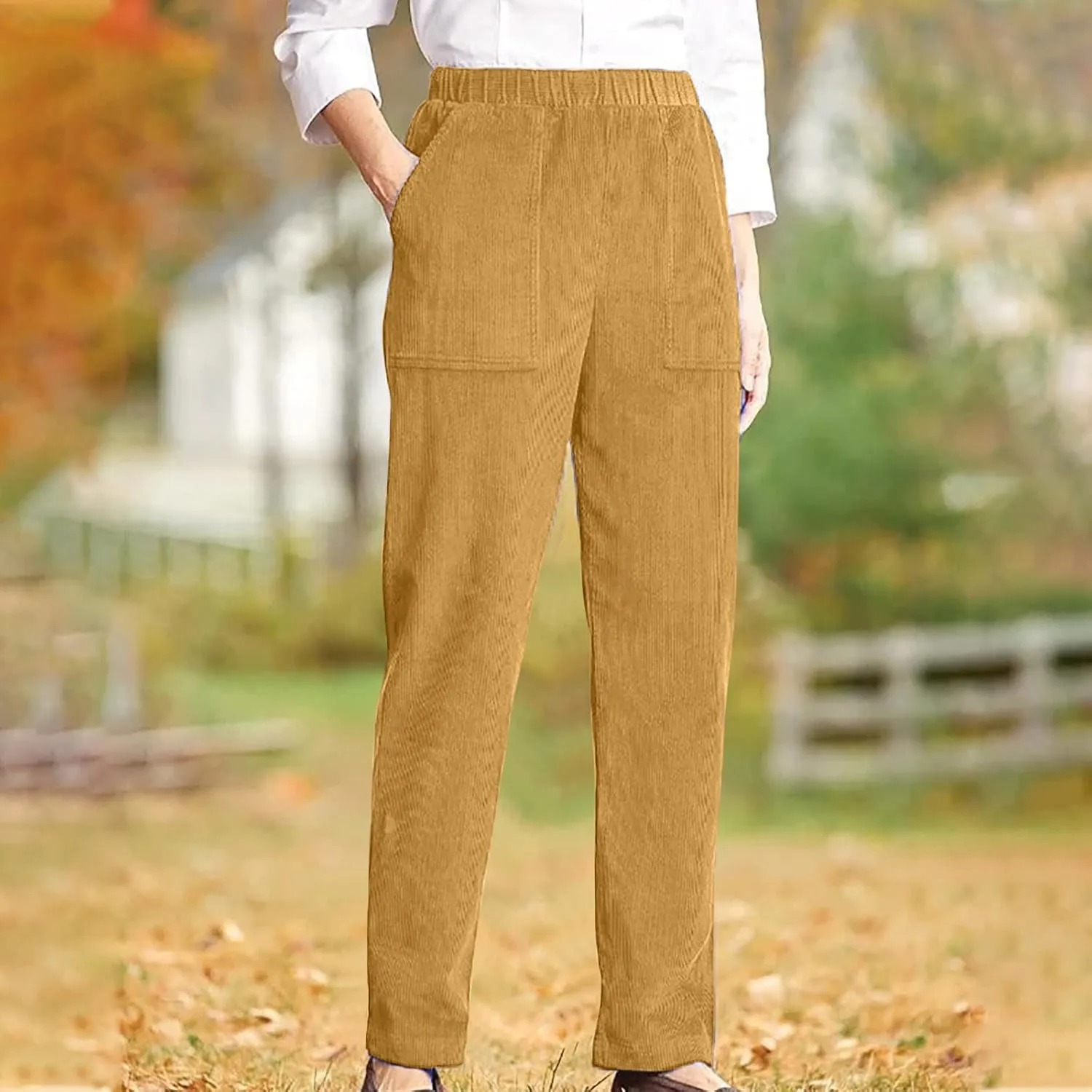 Corduroy Pants for Women 2024 Pull On Straight Leg Slacks Elastic High Waist Trousers Soft Comfy Casual Pants
