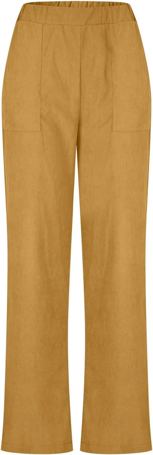 Corduroy Pants for Women 2024 Pull On Straight Leg Slacks Elastic High Waist Trousers Soft Comfy Casual Pants